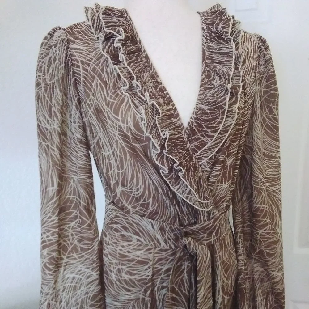 Studio 36 Dress Vintage 80's Brown & Cream Long Sleeve Size L Deep V-Neck - Picture 8 of 8